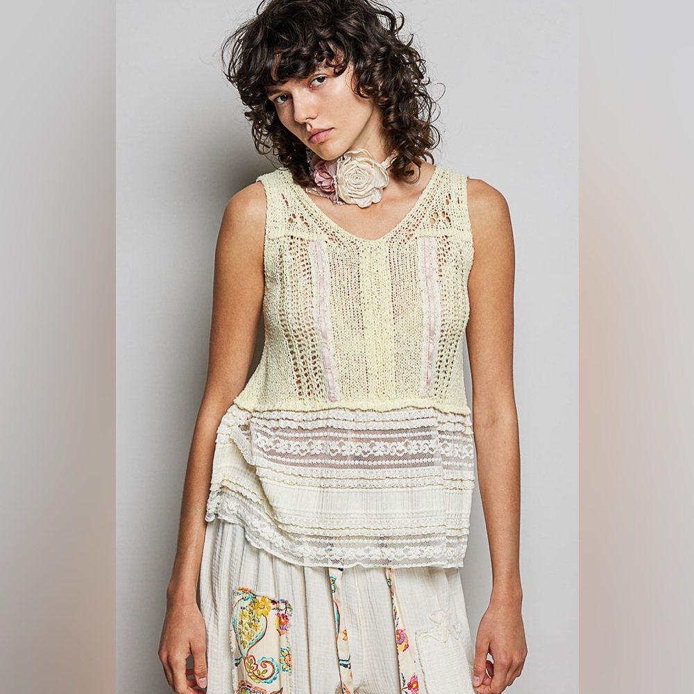 POL V-Neck Crochet Sweater Vest with Lace Trim